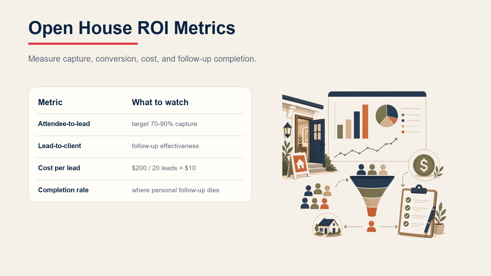 Open house ROI metrics table showing attendee-to-lead capture, lead-to-client conversion, cost per lead, and follow-up completion rate