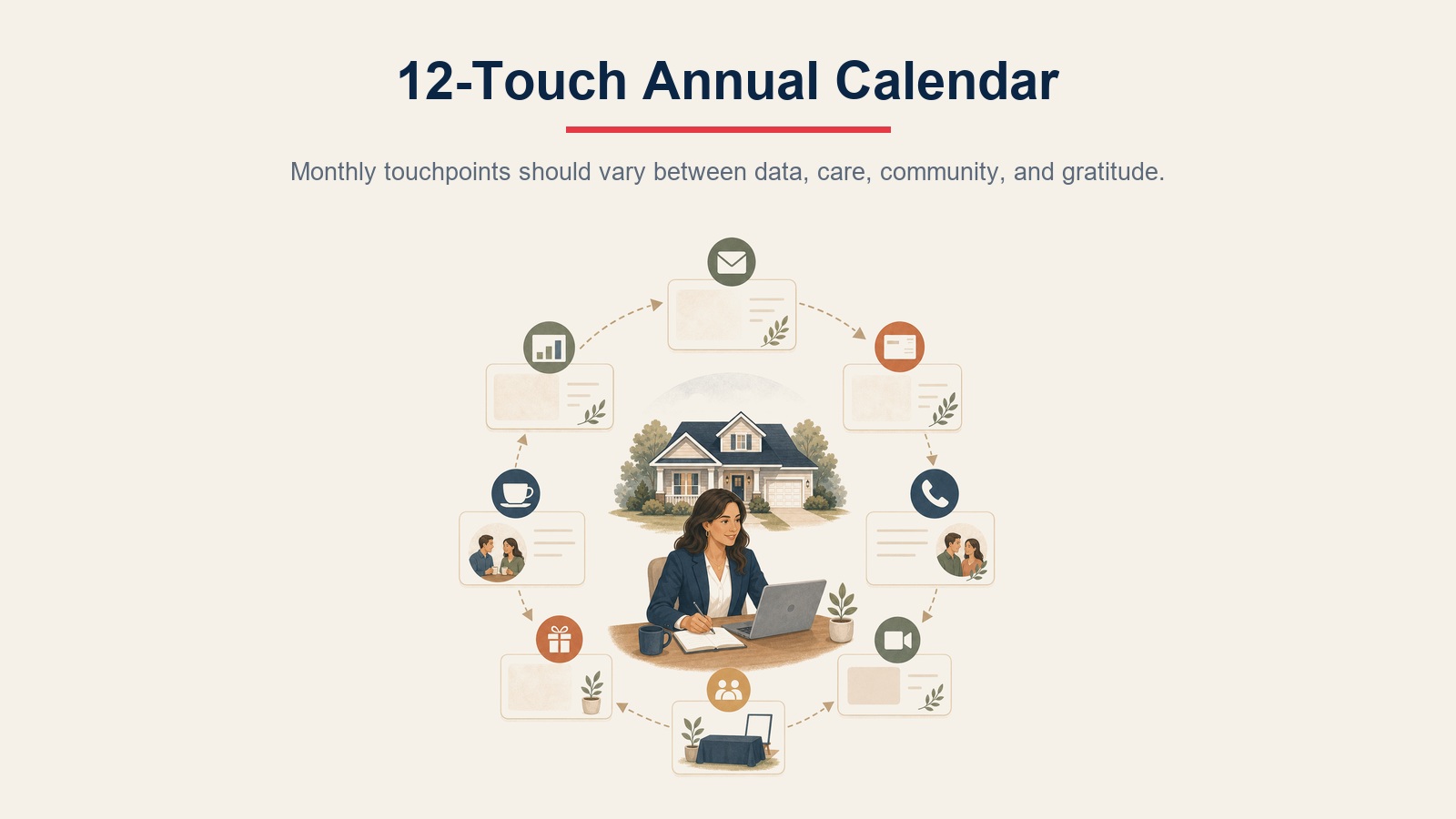 Twelve-touch annual past client marketing calendar with varied monthly relationship touchpoints