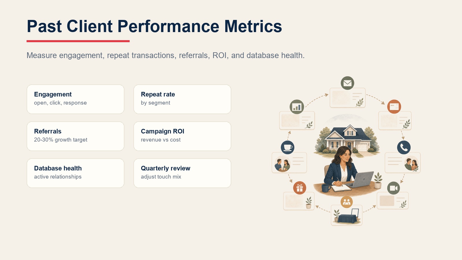 Past client performance metrics for engagement, repeat rate, referrals, campaign ROI, database health, and quarterly review