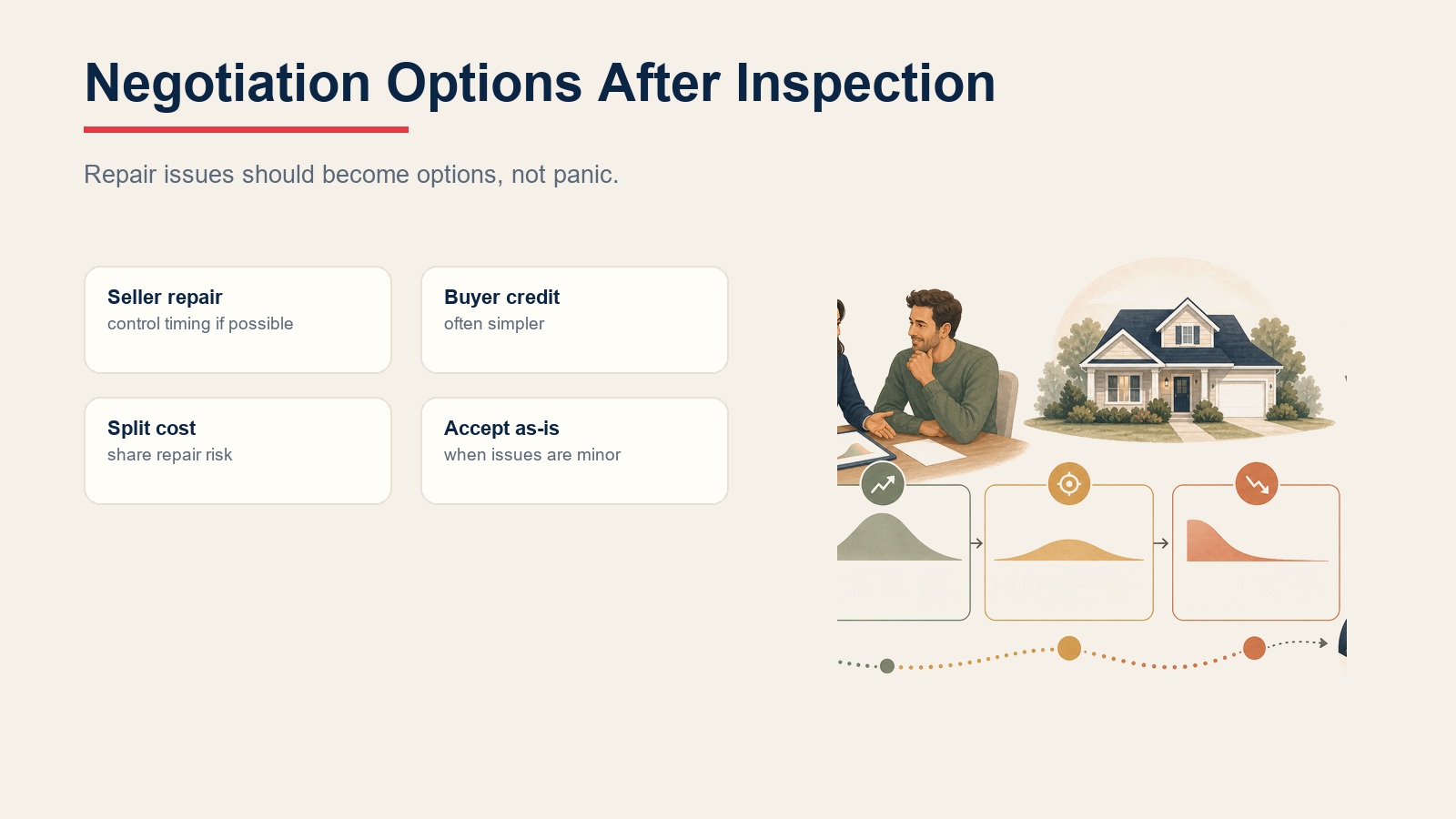 Negotiation options after inspection including seller repair, buyer credit, split cost, and as-is acceptance