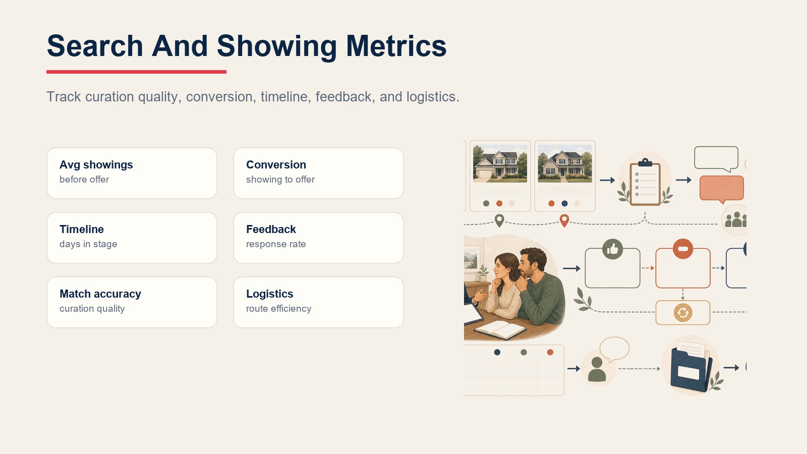 Search and showing metrics for average showings, conversion, timeline, feedback, match accuracy, and logistics