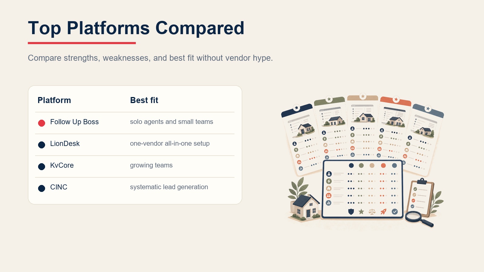 Top real estate CRM platforms comparison table showing Follow Up Boss, LionDesk, KvCore, and CINC