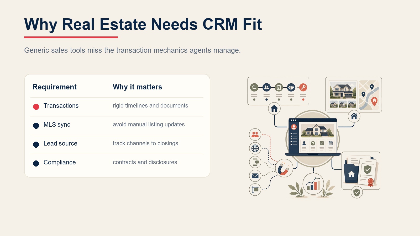 Real estate CRM requirements table showing transaction management, MLS sync, lead source tracking, and compliance