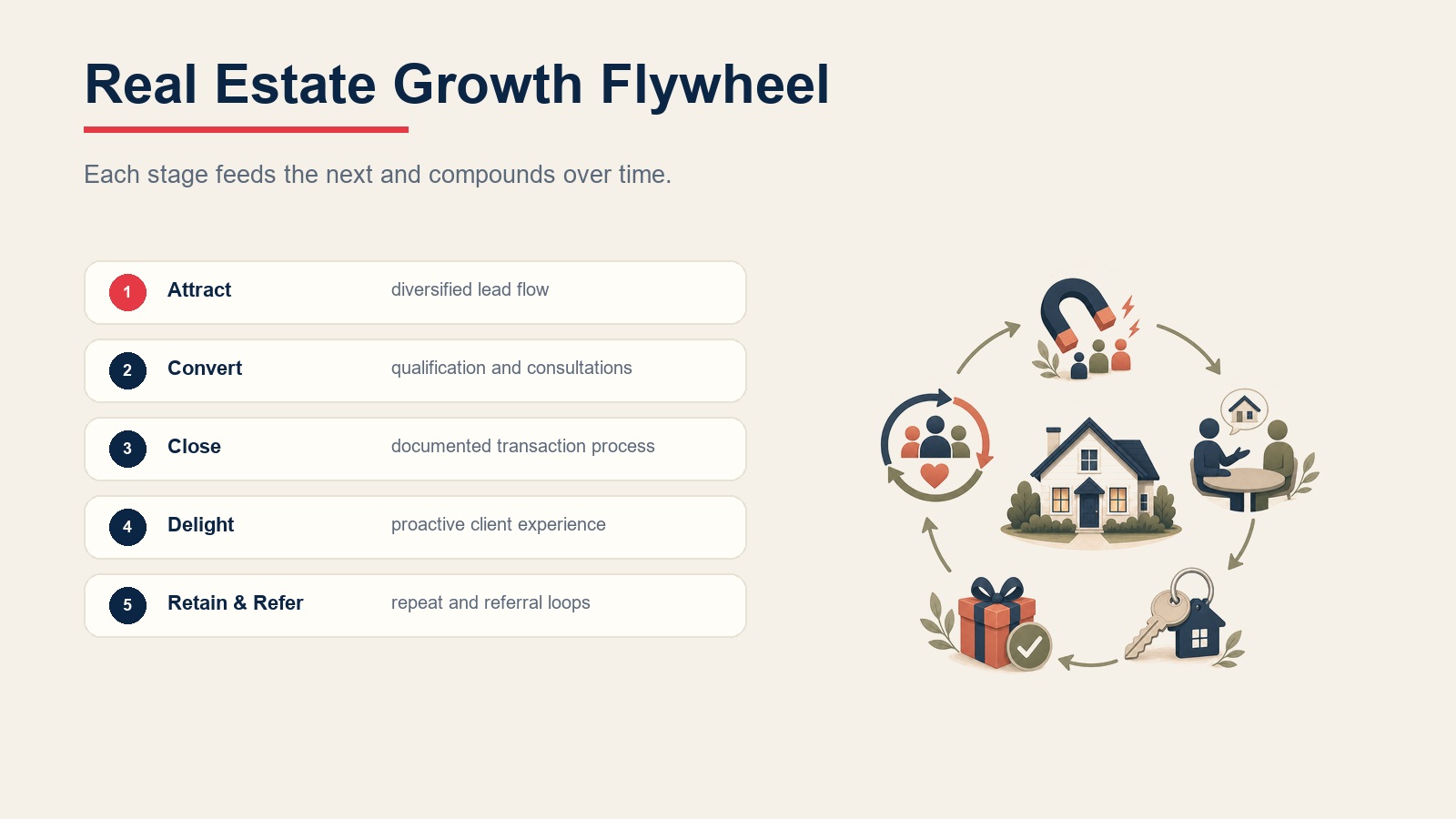 Real estate growth flywheel sequence showing attract, convert, close, delight, and retain or refer stages