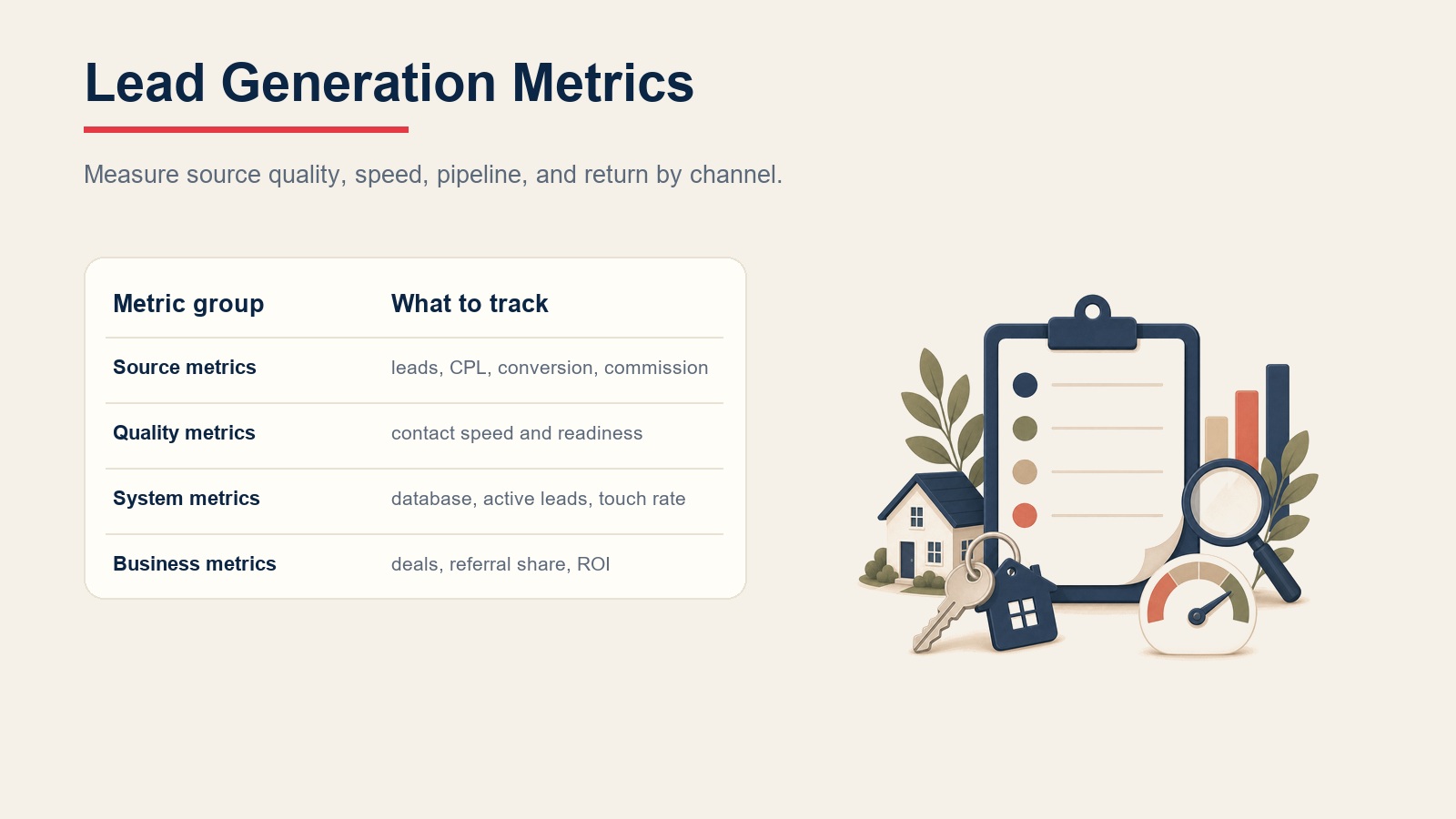 Real estate lead generation metrics table showing source, quality, system, and business metric groups