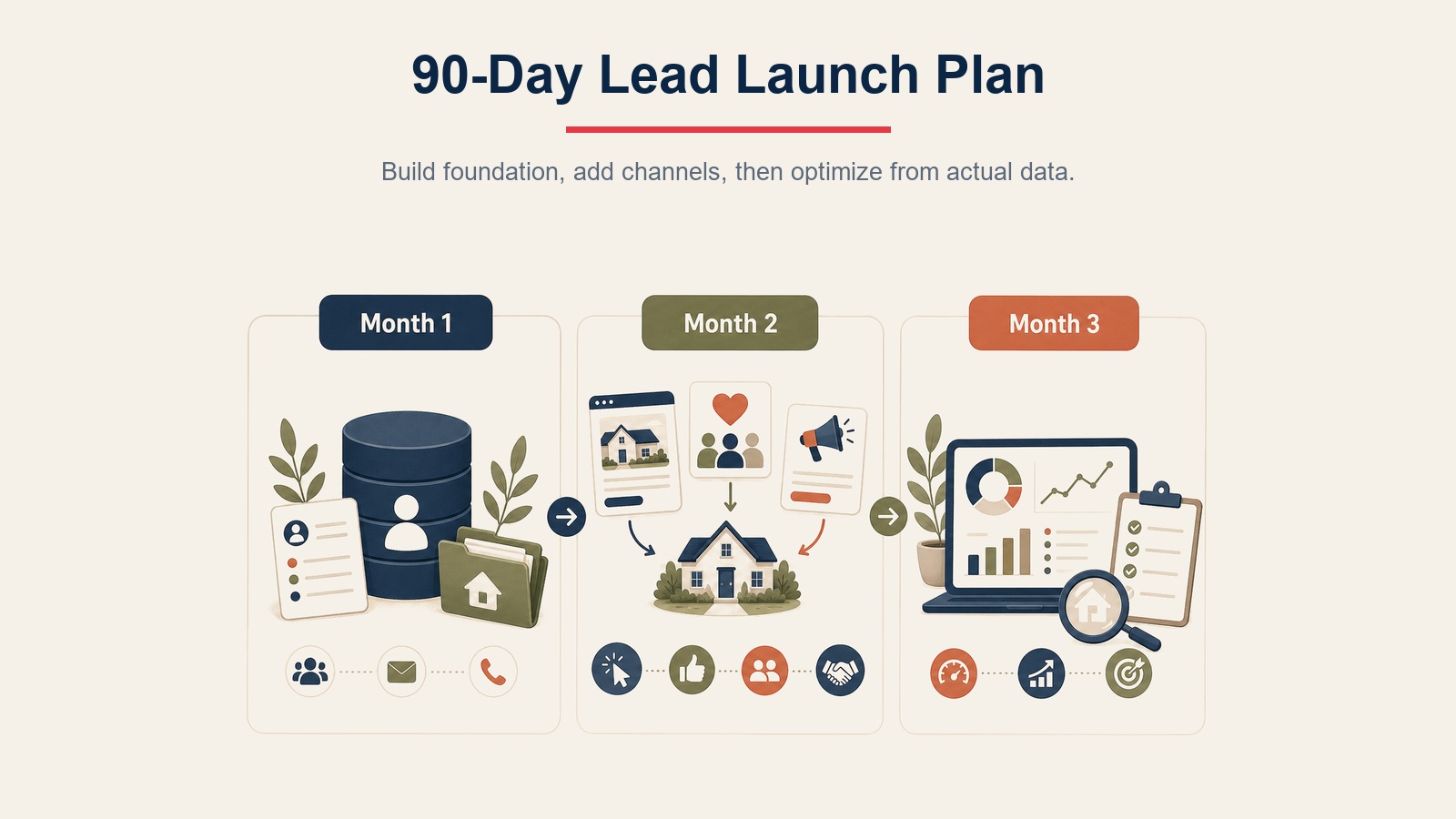 Ninety-day real estate lead generation launch plan showing Month 1 foundation, Month 2 acceleration, and Month 3 optimization