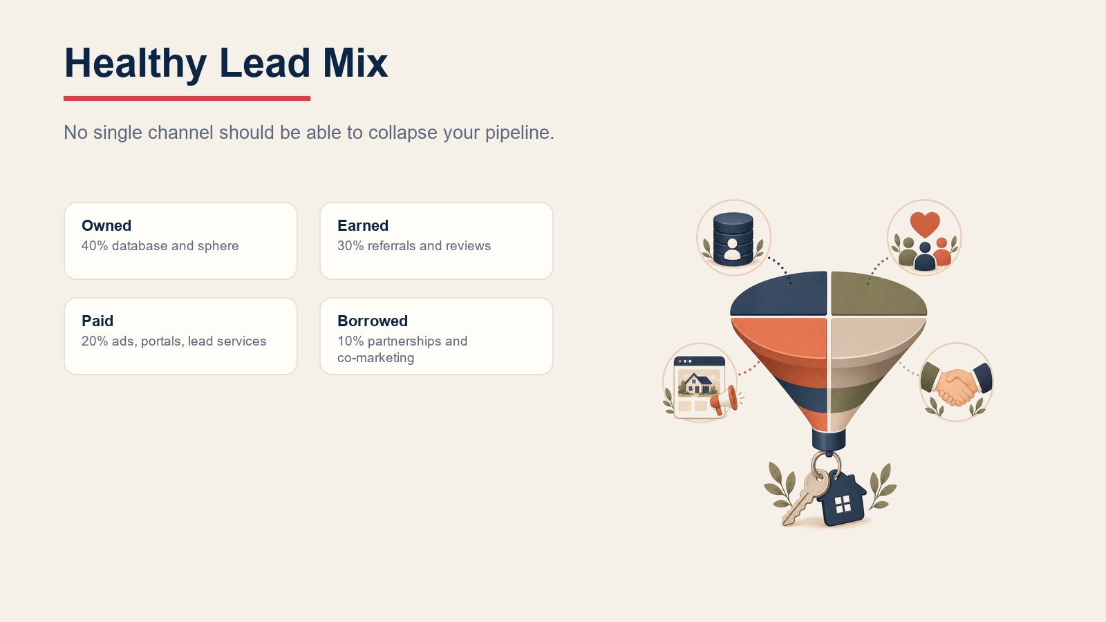 Healthy real estate lead mix cards showing owned, earned, paid, and borrowed channel percentages