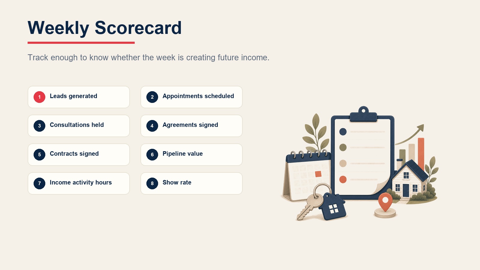 Weekly real estate scorecard grid showing leads, appointments, consultations, agreements, contracts, pipeline value, income activity hours, and show rate