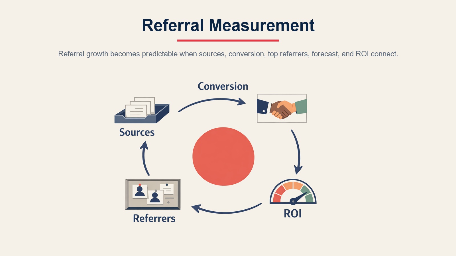 Referral measurement system covering attribution, conversion, top referrers, forecast, and ROI