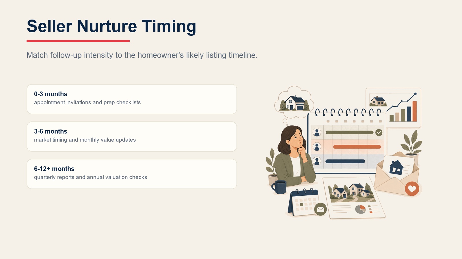 Seller nurture timing cards showing 0-3 month, 3-6 month, and 6-12+ month follow-up strategies