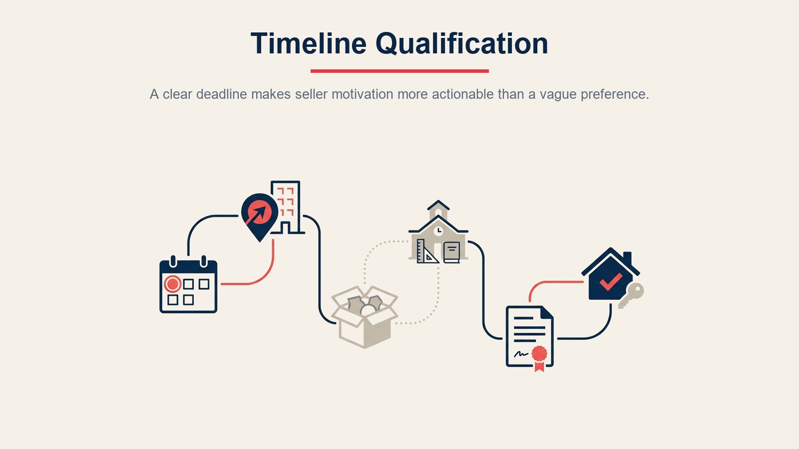 Seller timeline qualification path connecting ideal close date, deadlines, drivers, seasonality, and contingencies
