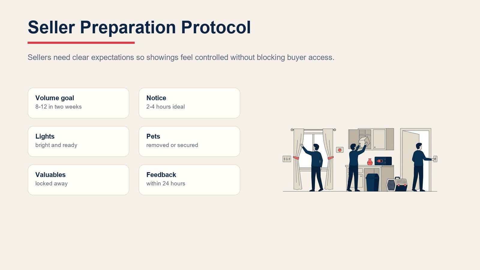 Seller preparation protocol for showing volume, notice, lights, pets, valuables, and feedback