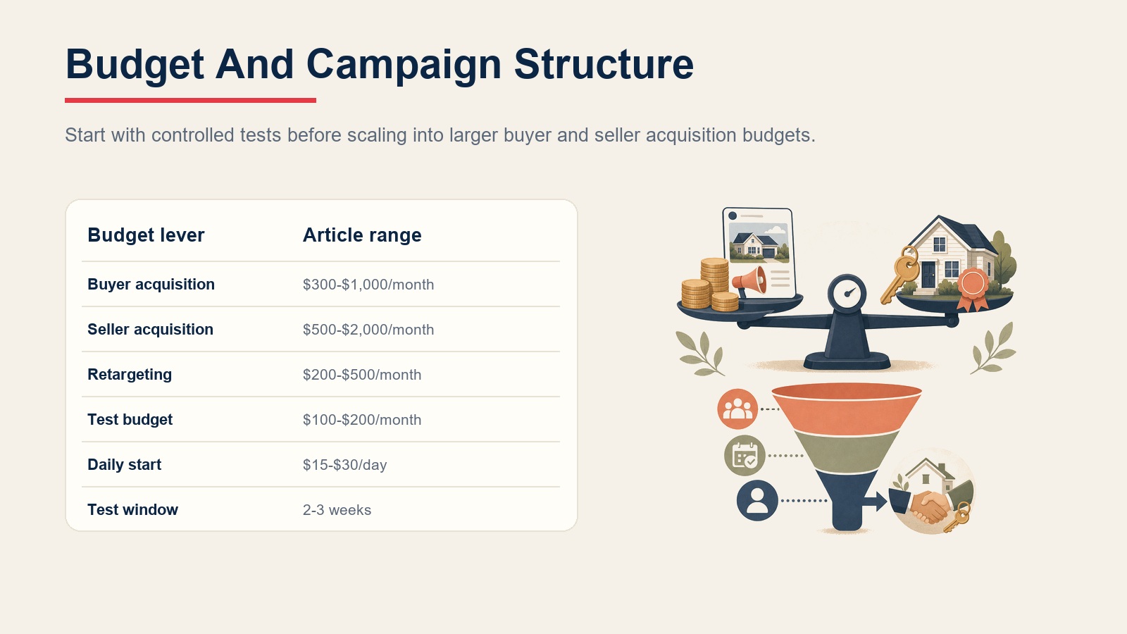 Facebook and Instagram real estate ad budget structure with buyer, seller, retargeting, test, daily, and testing window ranges