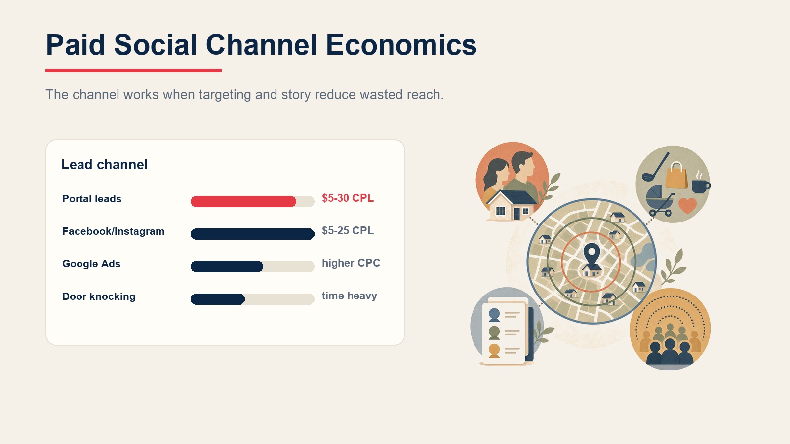 Paid social channel economics comparing portal leads, Facebook and Instagram leads, Google Ads, and door knocking