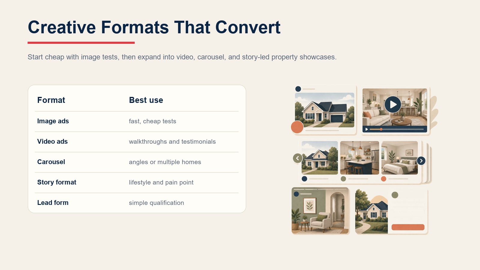 Real estate social ad creative formats including image ads, video ads, carousel ads, story formats, and lead forms