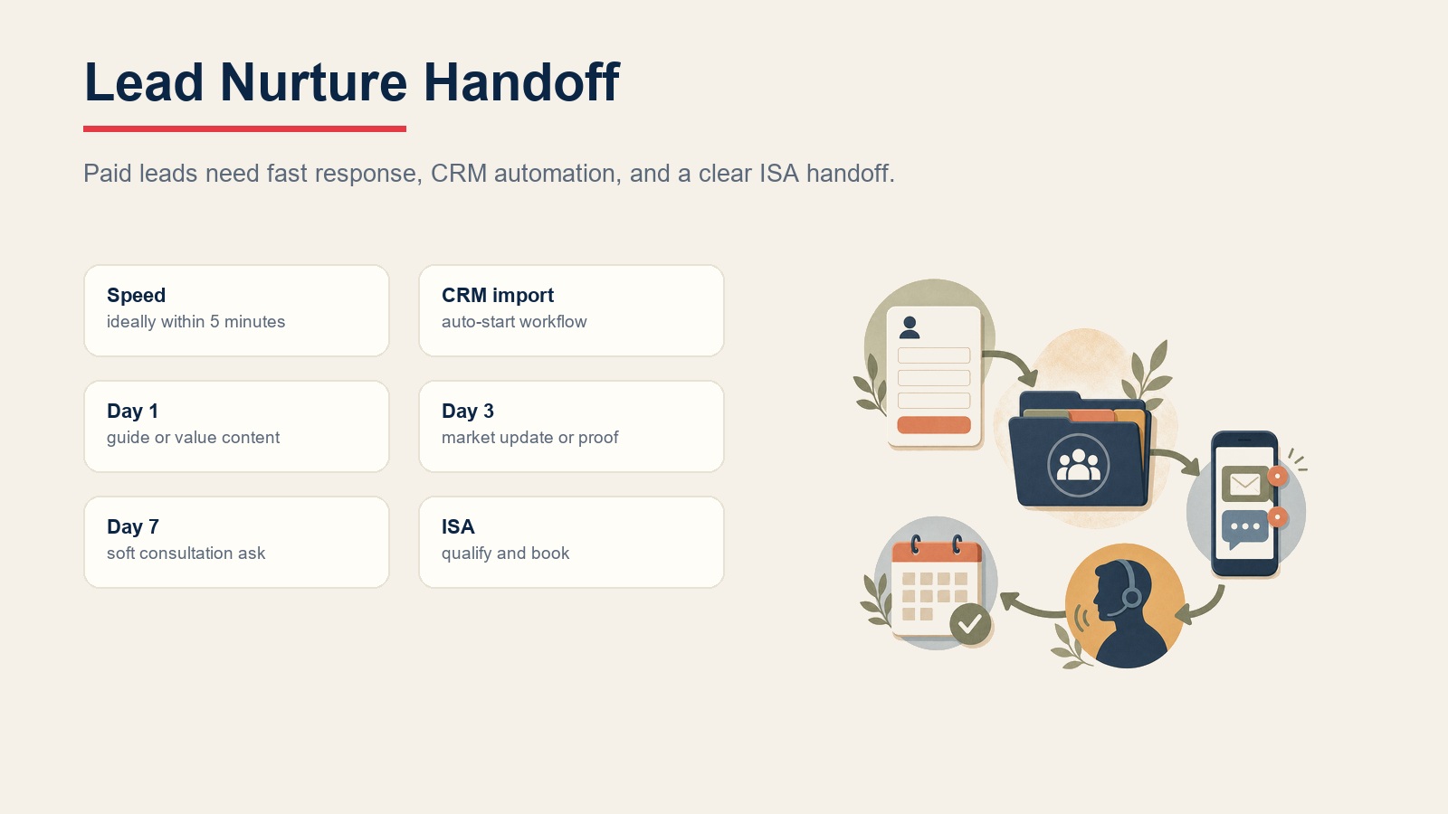 Paid social lead nurture handoff with speed to lead, CRM import, day one, day three, day seven, and ISA coordination