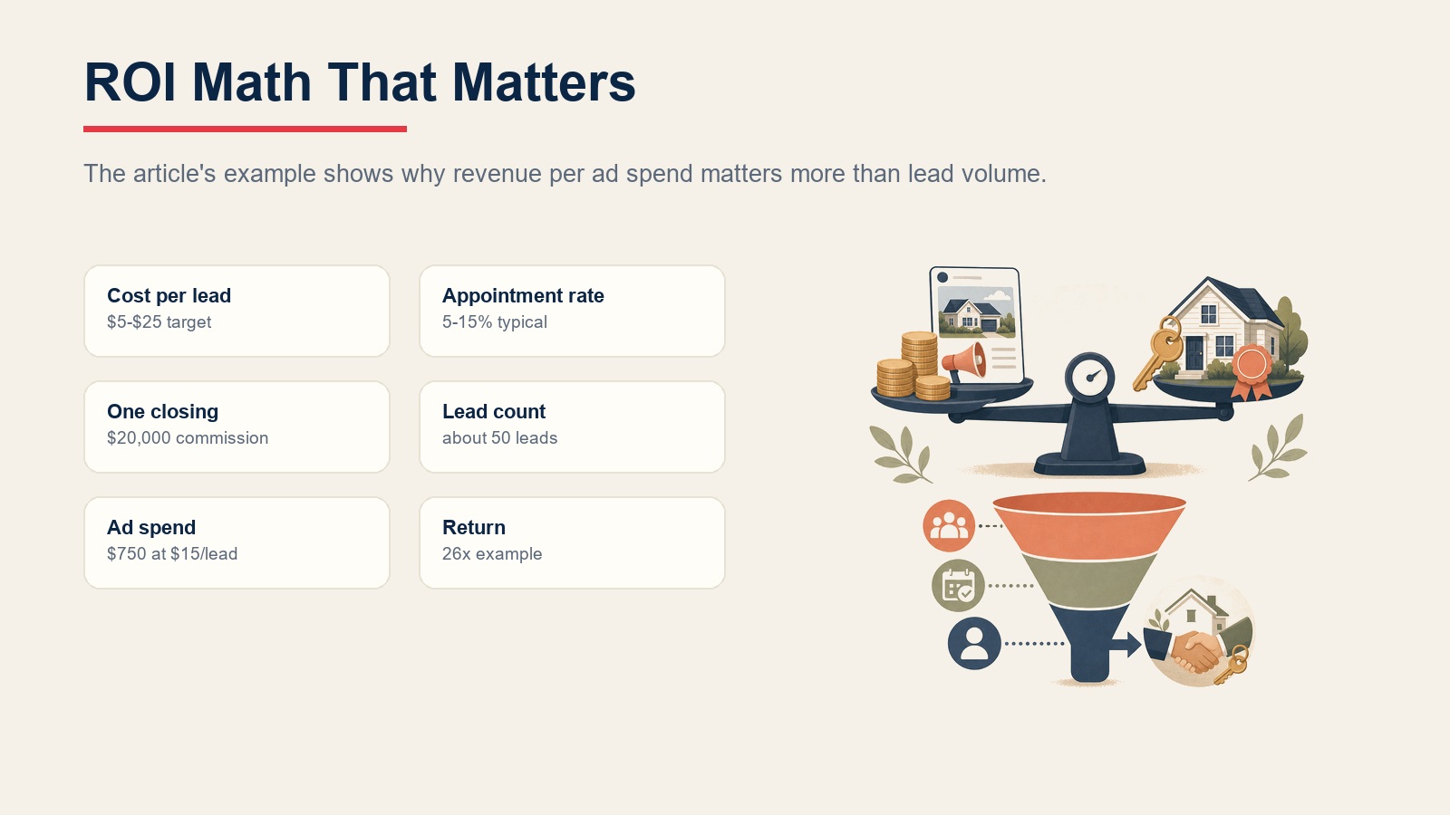 Real estate social ads ROI math for cost per lead, appointment rate, one closing, lead count, ad spend, and return