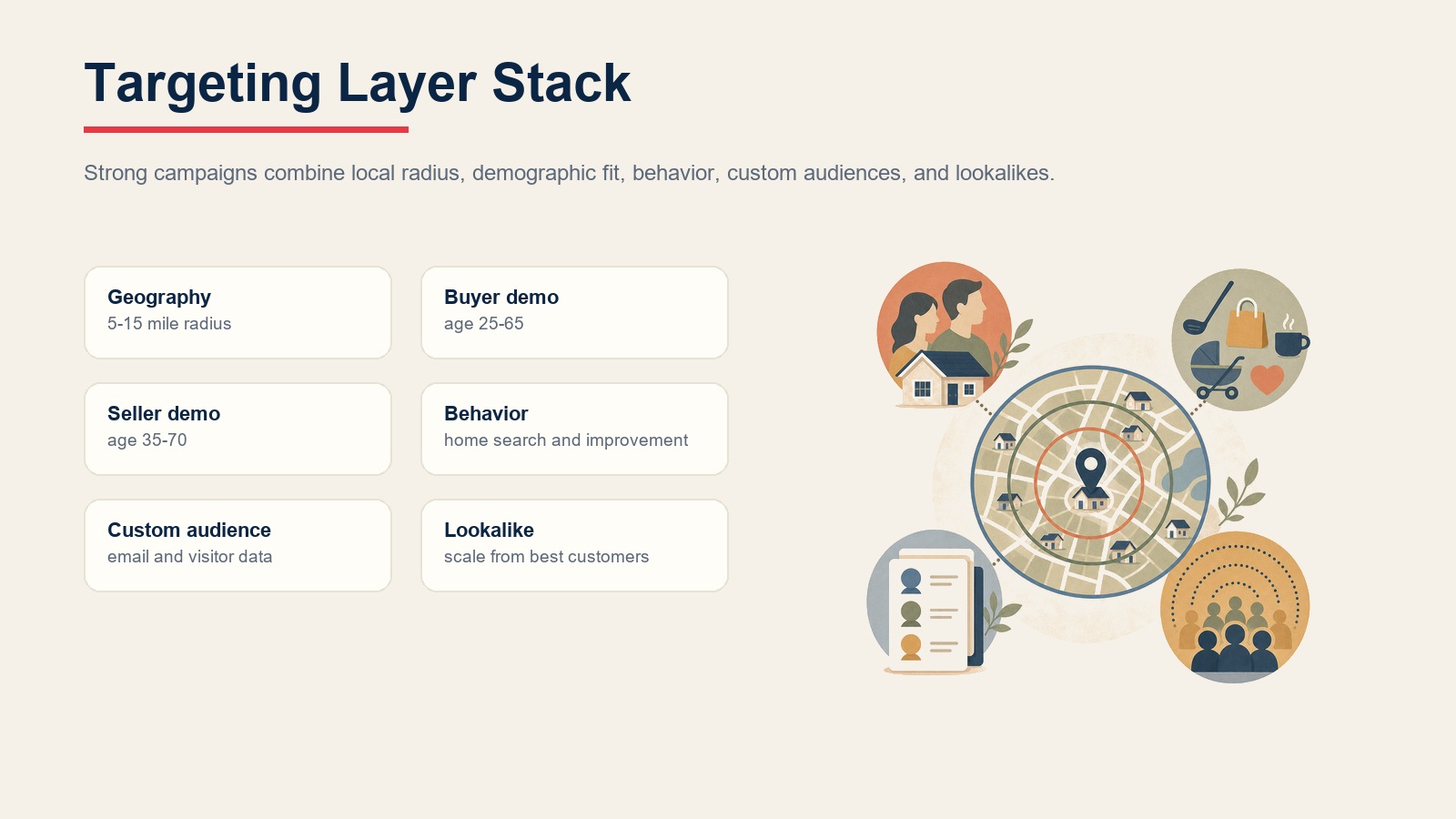 Real estate paid social targeting layer stack with geography, demographics, behavior, custom audiences, and lookalikes