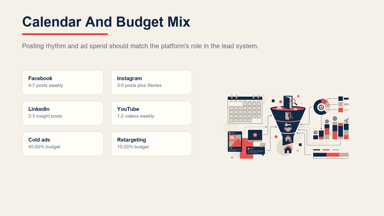 Social media content calendar and budget mix for Facebook, Instagram, LinkedIn, YouTube, cold ads, and retargeting