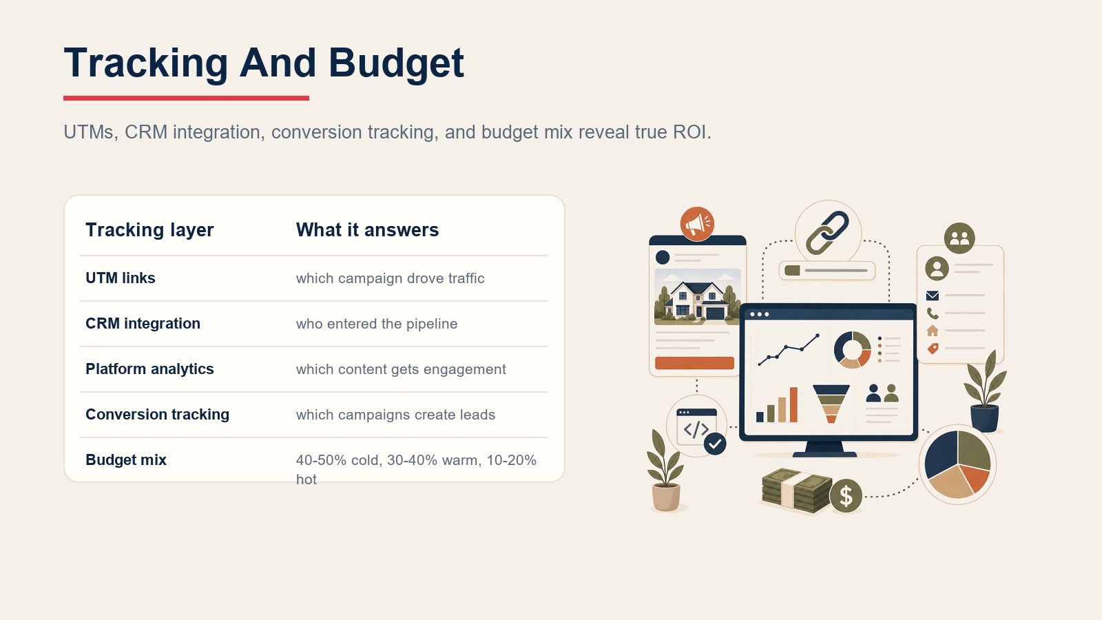 Social media tracking and budget table showing UTM links, CRM integration, platform analytics, conversion tracking, and budget mix