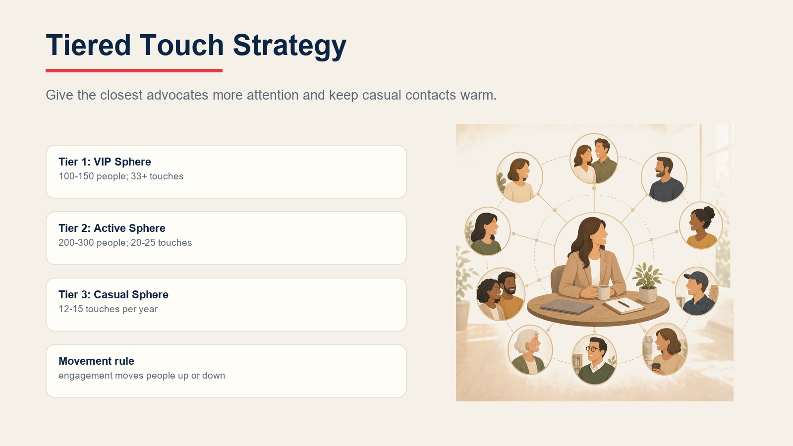 Tiered touch strategy cards for VIP sphere, active sphere, casual sphere, and movement rule