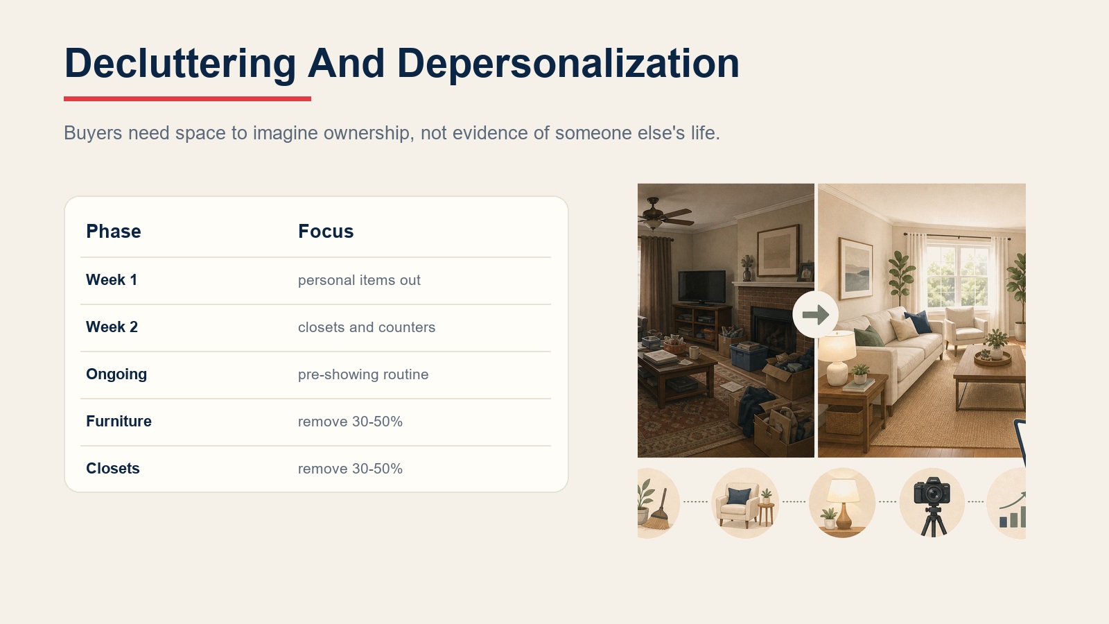 Decluttering and depersonalization phases for immediate removal, organization, ongoing maintenance, furniture, and closets