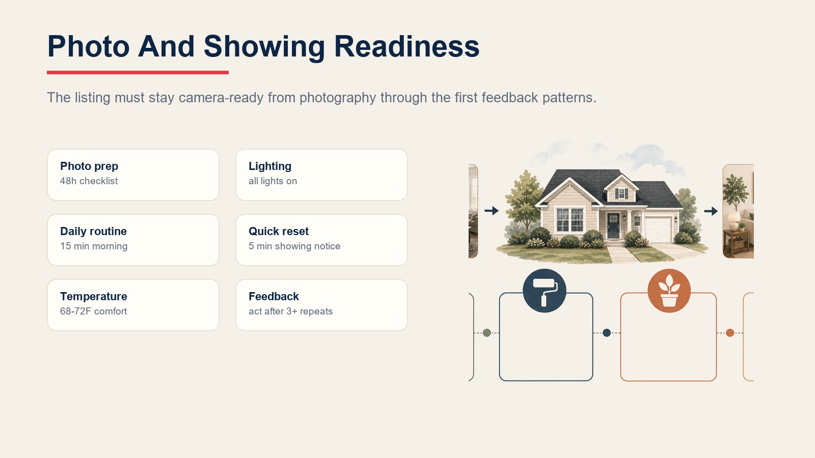 Photo and showing readiness checklist for photo prep, lighting, daily routine, quick reset, temperature, and buyer feedback