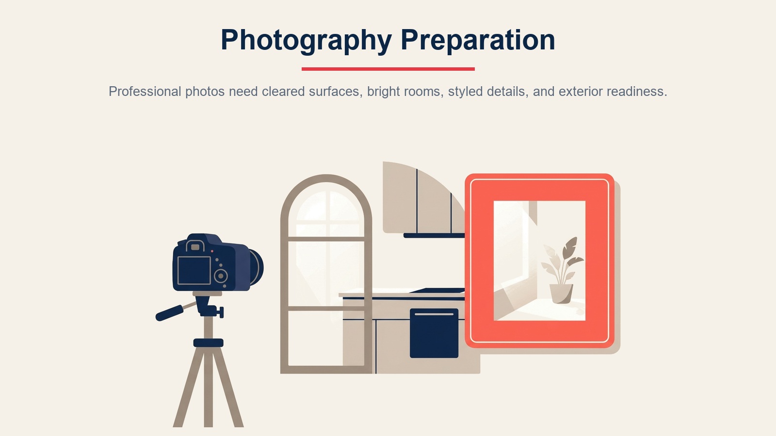 Photography preparation scene with camera, bright room, styled details, and exterior readiness cues