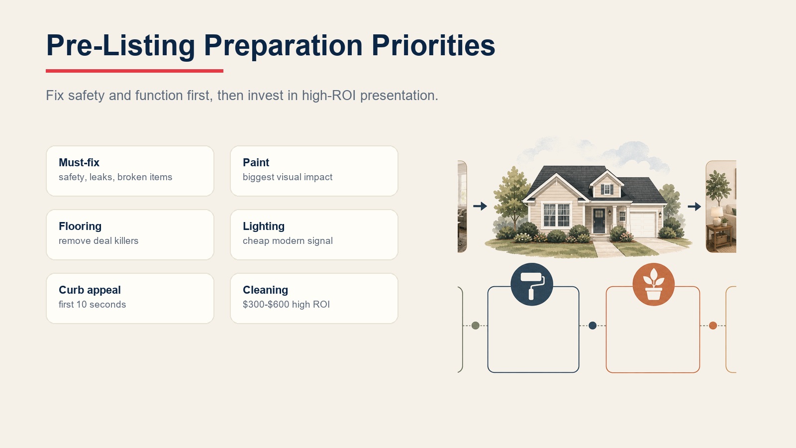 Pre-listing preparation priorities for must-fix items, paint, flooring, lighting, curb appeal, and cleaning