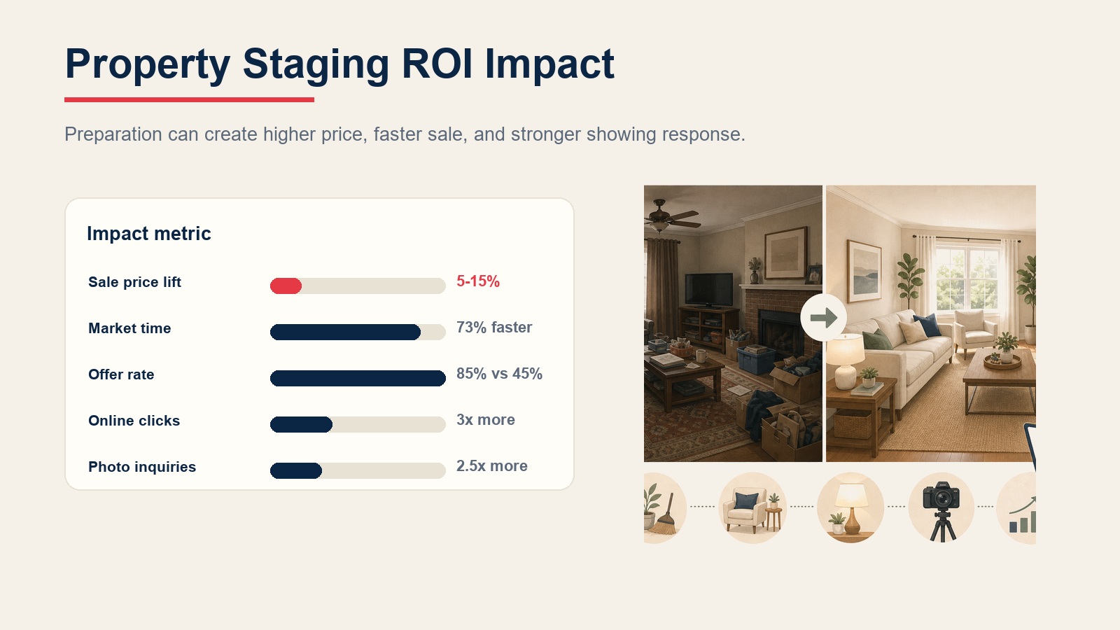 Property staging ROI impact showing higher sale price, faster market time, offer rate, online clicks, and photography inquiries