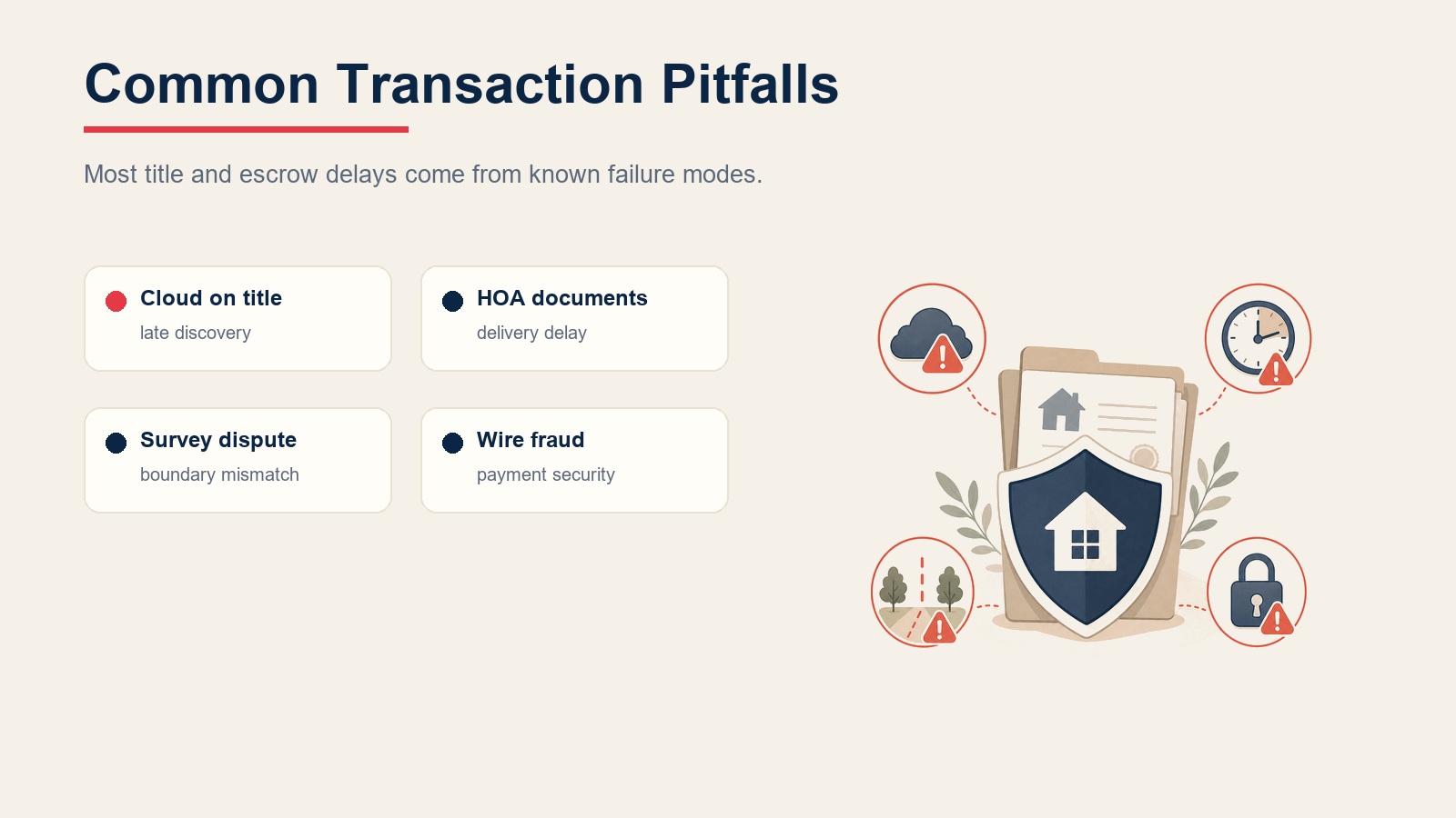 Common title and escrow transaction pitfalls showing cloud on title, HOA document delays, survey disputes, and wire fraud