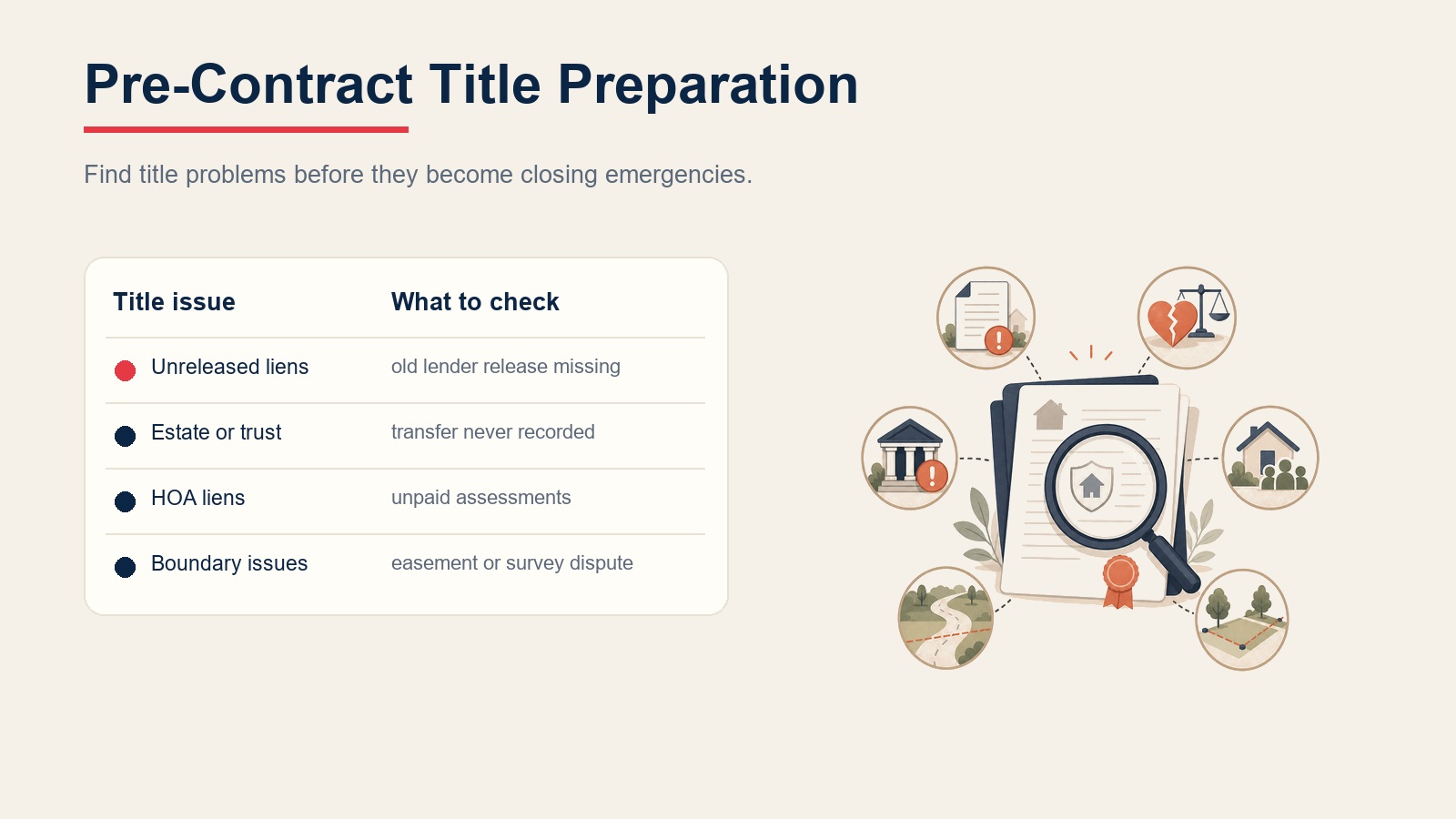 Pre-contract title preparation table showing unreleased liens, estate or trust issues, HOA liens, and boundary issues