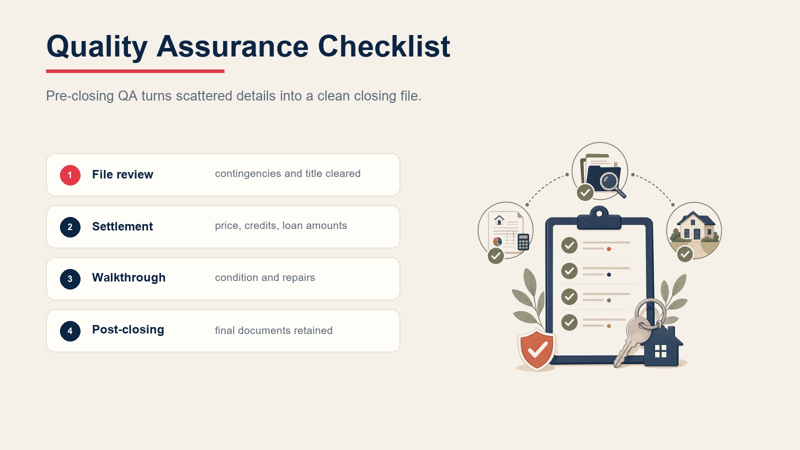 Title and escrow quality assurance checklist showing file review, settlement verification, final walkthrough, and post-closing documentation
