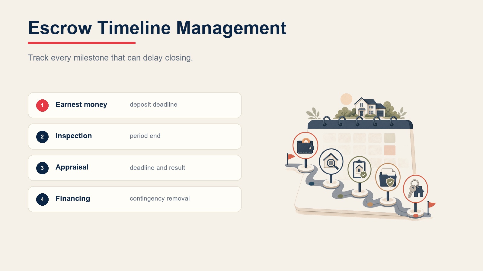Escrow timeline management sequence showing earnest money, inspection, appraisal, and financing milestones