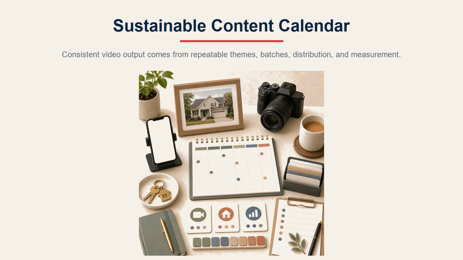Sustainable real estate video content calendar system