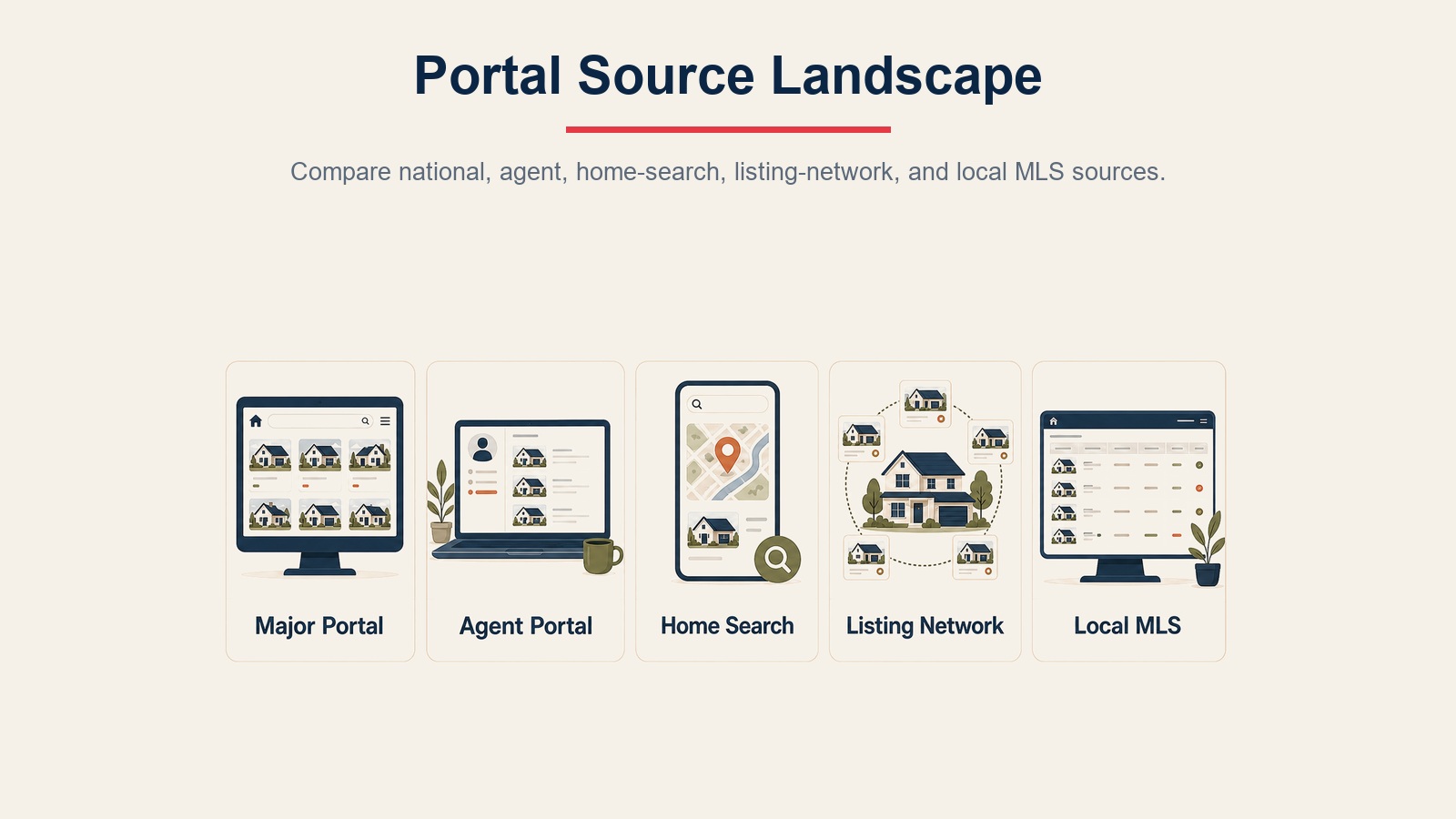Portal source landscape visual showing major portal, agent portal, home search, listing network, and local MLS sources