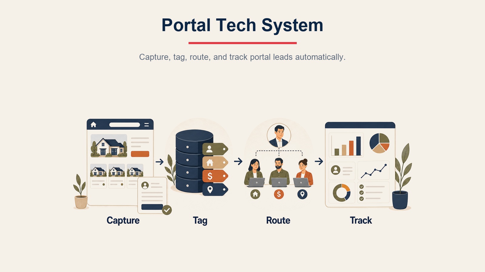 Portal technology system visual showing capture, tag, route, and track workflow stations