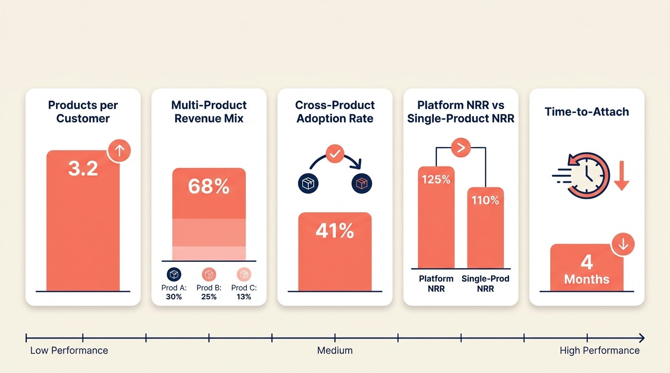 Success metrics dashboard tracking products per customer, attach rate, and platform NRR