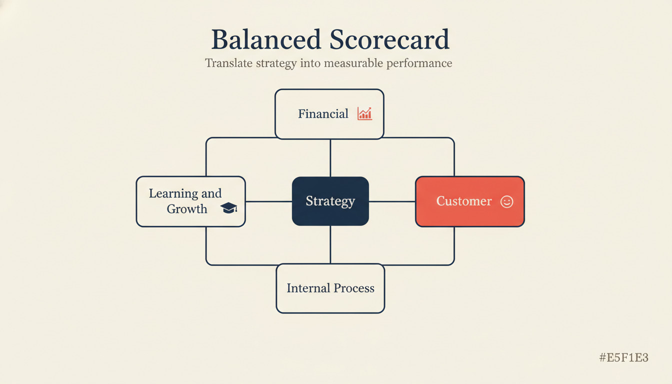 Balanced scorecard showing the four perspectives radiating from strategy at center