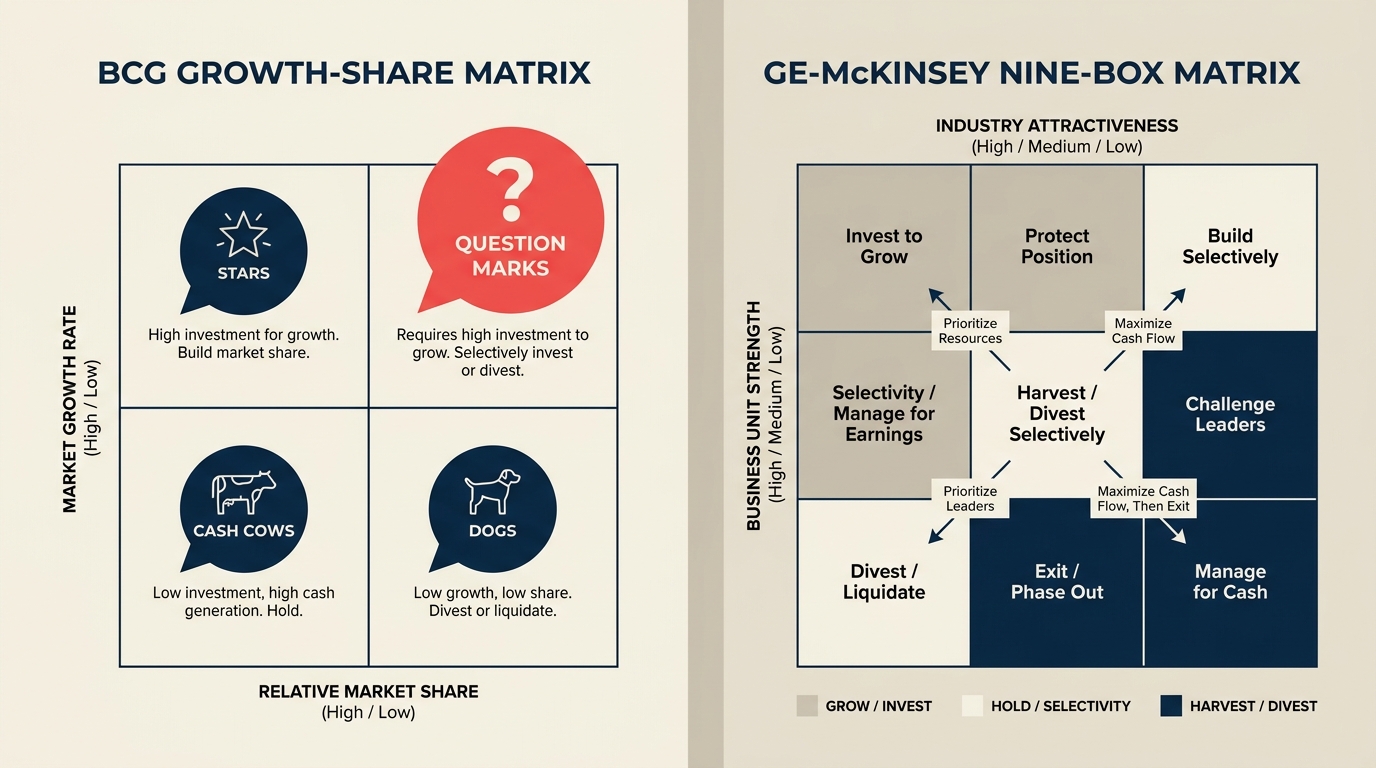 BCG 2x2 matrix next to the GE-McKinsey 3x3 matrix for portfolio analysis