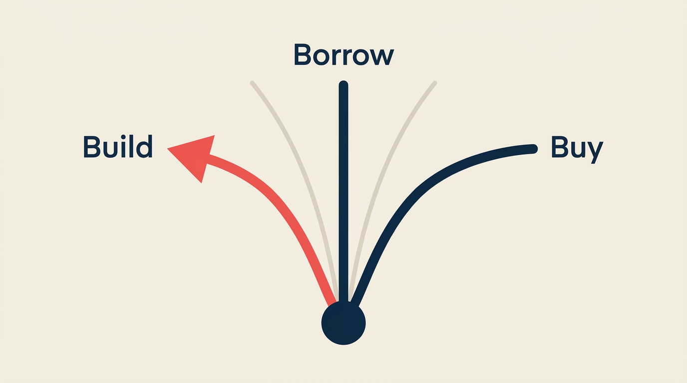 Build borrow or buy framework showing three diverging growth paths