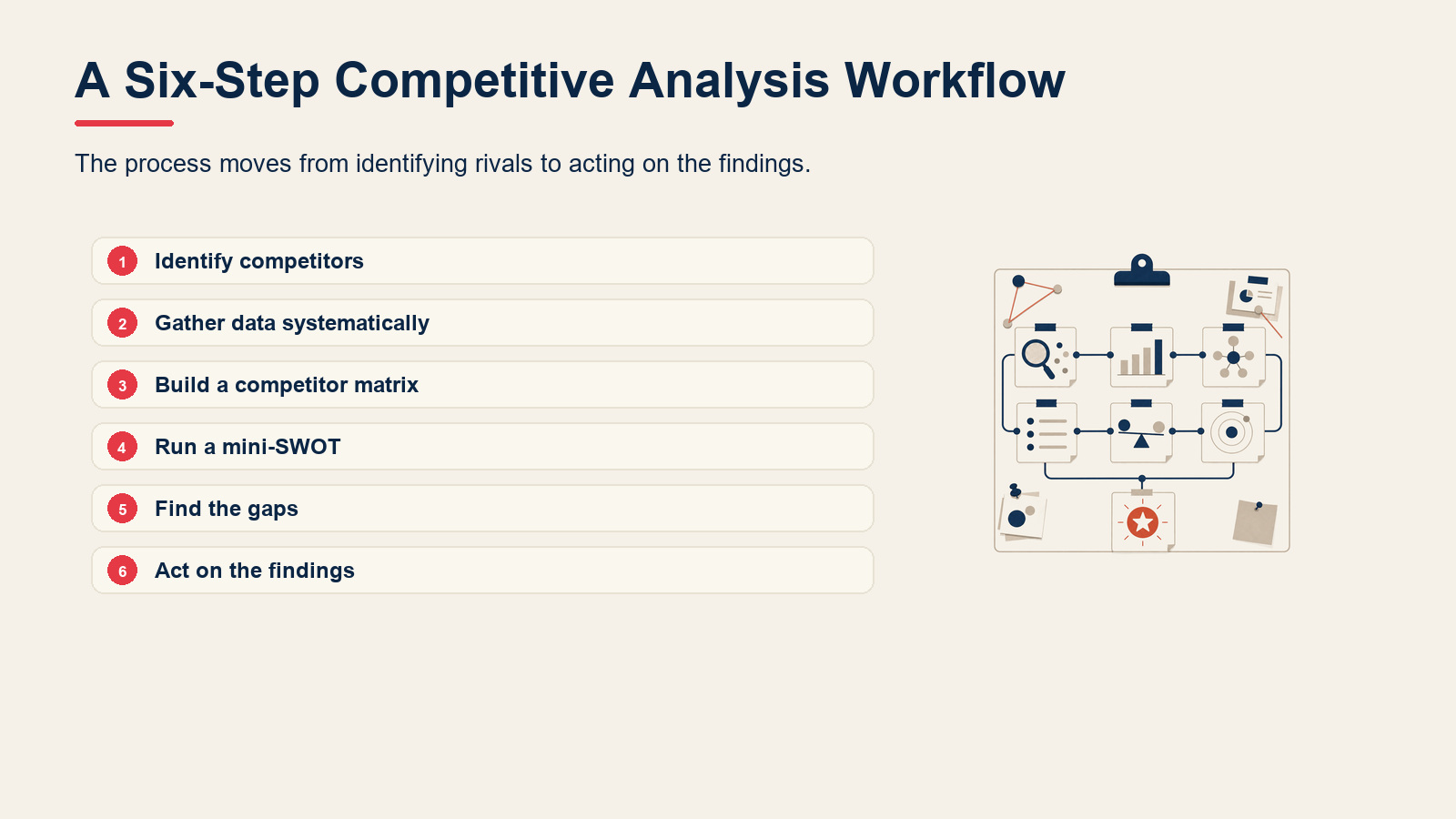 Six-step competitive analysis workflow from competitor identification to acting on findings.