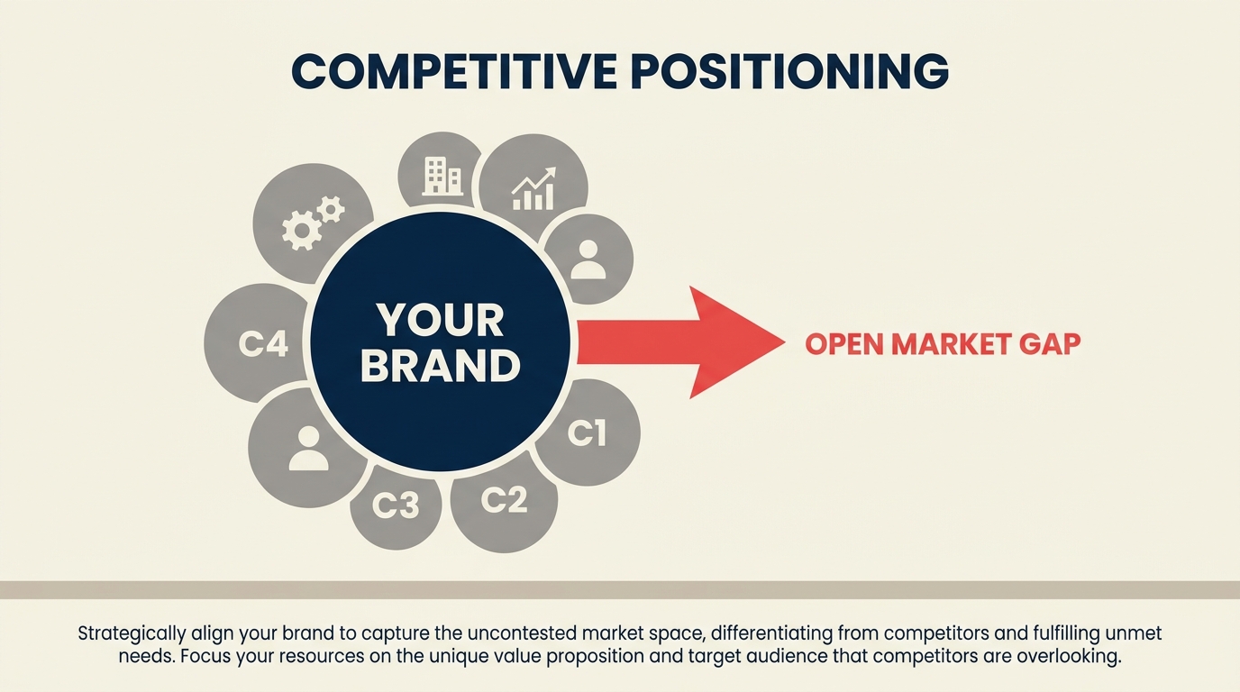 Competitive positioning shown as a brand occupying a distinct space against rivals