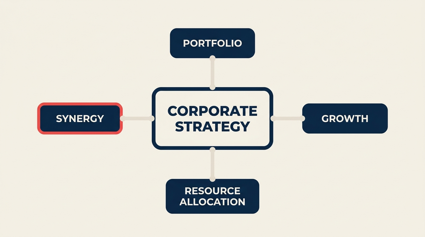 Corporate strategy framework showing portfolio, growth, resource allocation, and synergy components