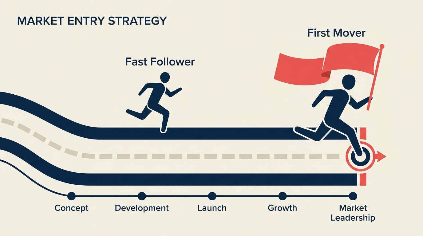 First-mover advantage diagram showing a leading runner ahead of a fast follower on a racetrack