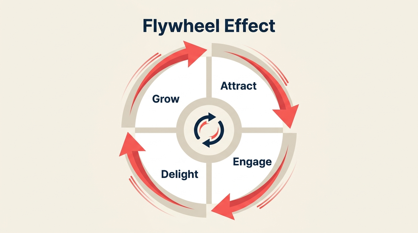 Flywheel effect circular momentum diagram showing compounding business growth stages