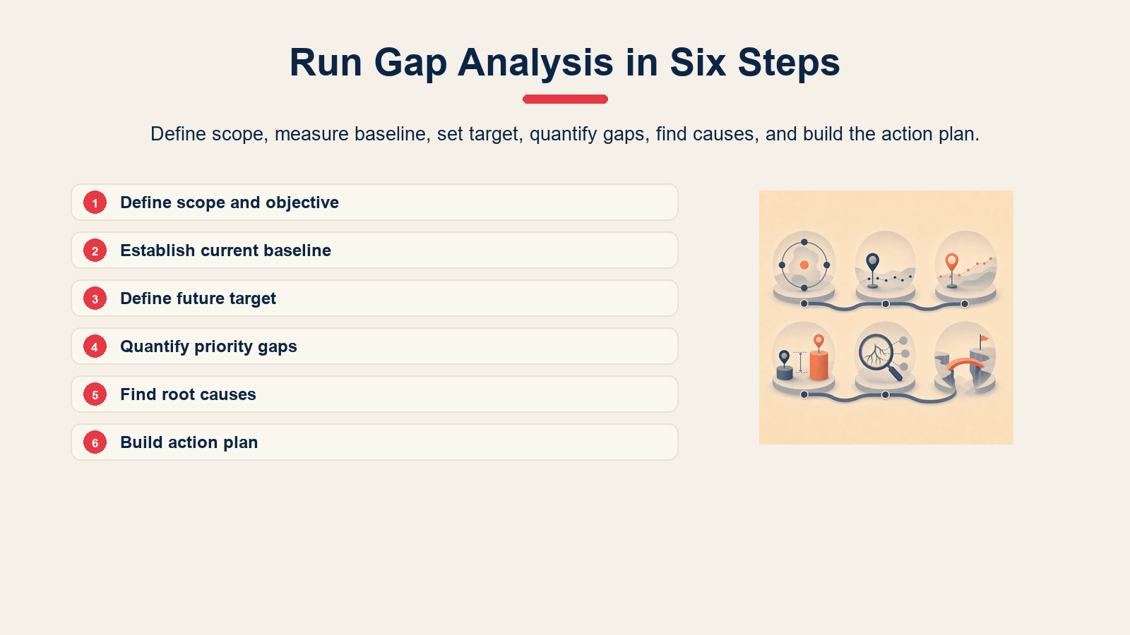 Six-step process for performing a gap analysis.