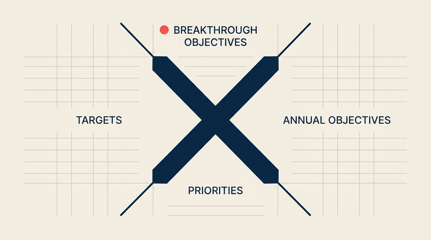 Hoshin kanri X-matrix showing breakthrough objectives, annual objectives, priorities and targets
