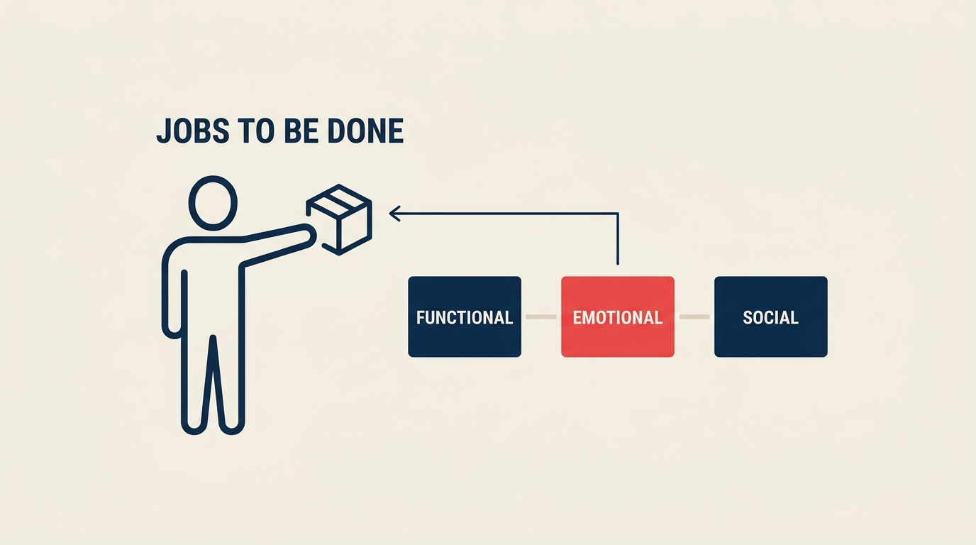 Jobs to be done framework showing a customer hiring a product to fulfill a functional, emotional, and social job