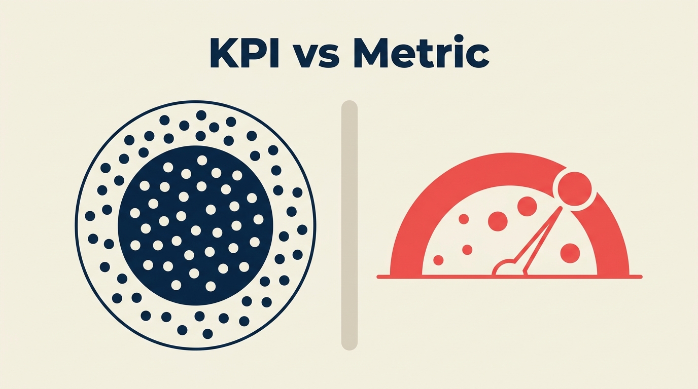 KPI versus metric shown as many metrics narrowing into a few KPIs